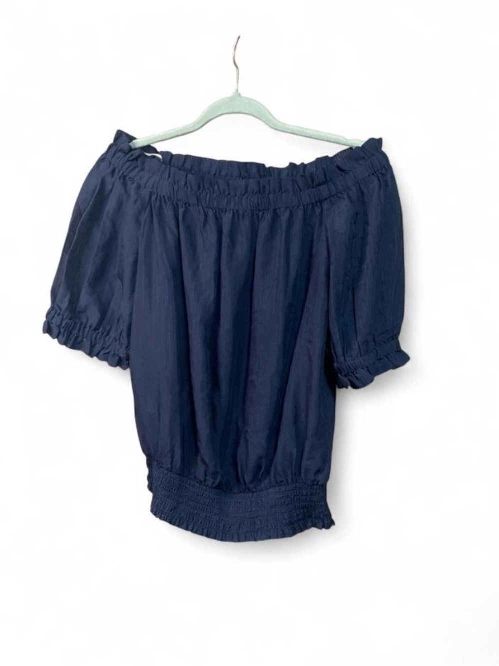 Ann Taylor Navy Off-the-Shoulder Smocked Puff Sleeve Blouse | Medium